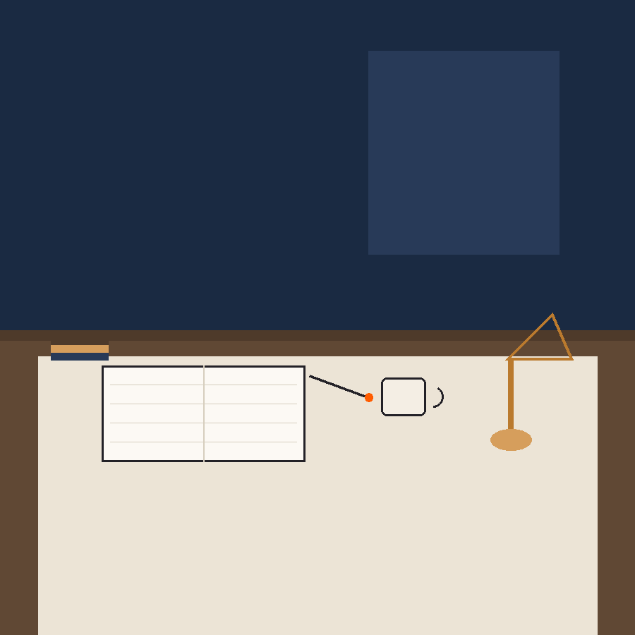 Quadratische Illustration eines aufgeräumten Arbeitsplatzes mit Notizbuch, Tasse und Leuchte auf einem Holztisch — neutrale Darstellung ohne Zahlen oder Diagramme