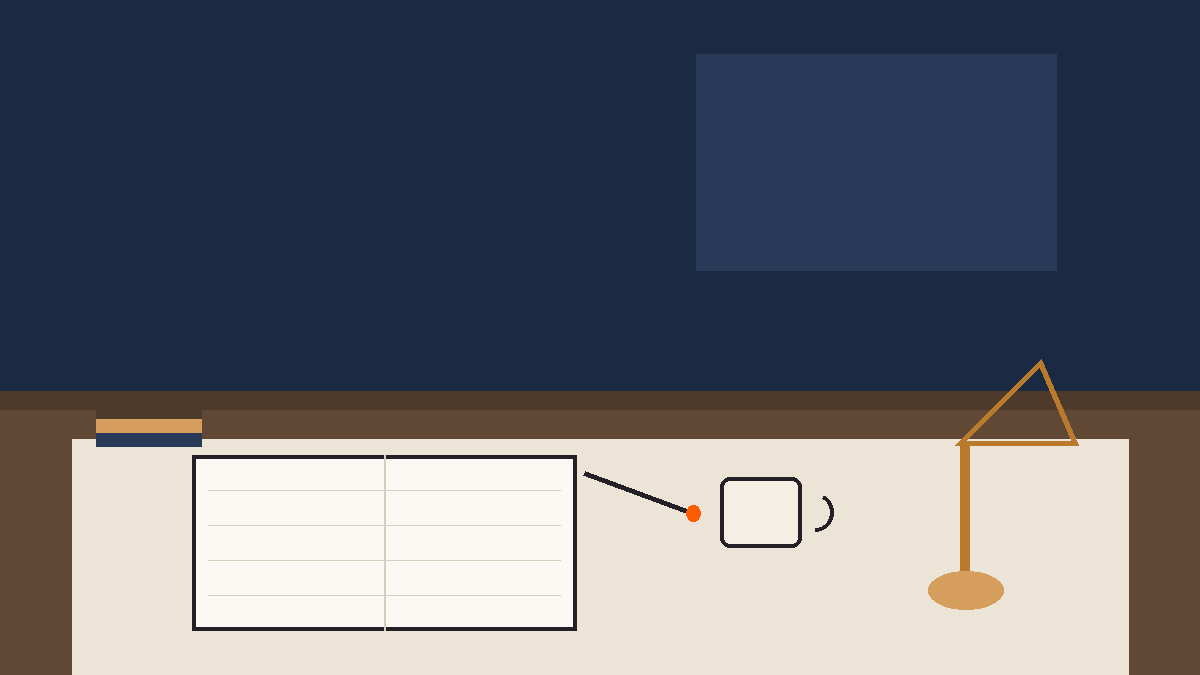 Ruhiger redaktioneller Arbeitsplatz mit Notizbuch, Stift und Kaffeetasse auf einem Holztisch — eine neutrale Umgebung ohne Finanzprodukte, Kurse oder Diagramme